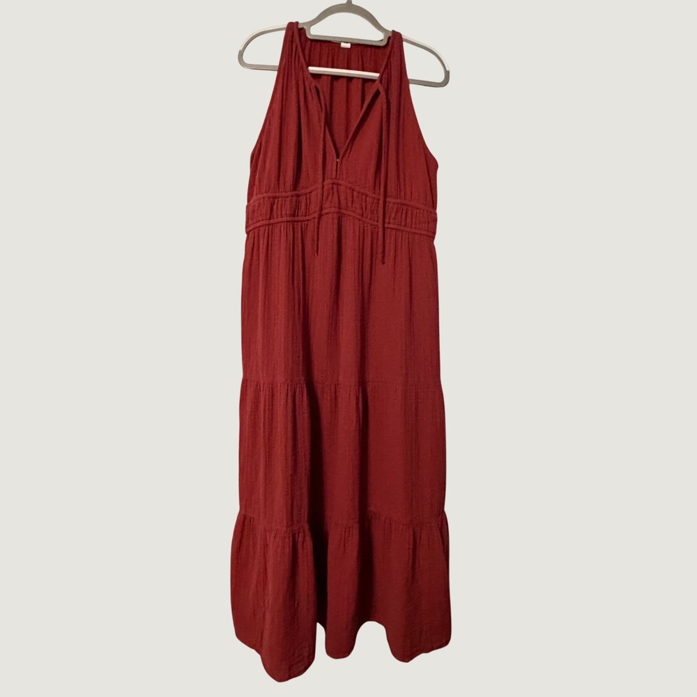 Old Navy Women's XL Rust Red Cotton Gauze Tiered Sleeveless Maxi Halter 2162